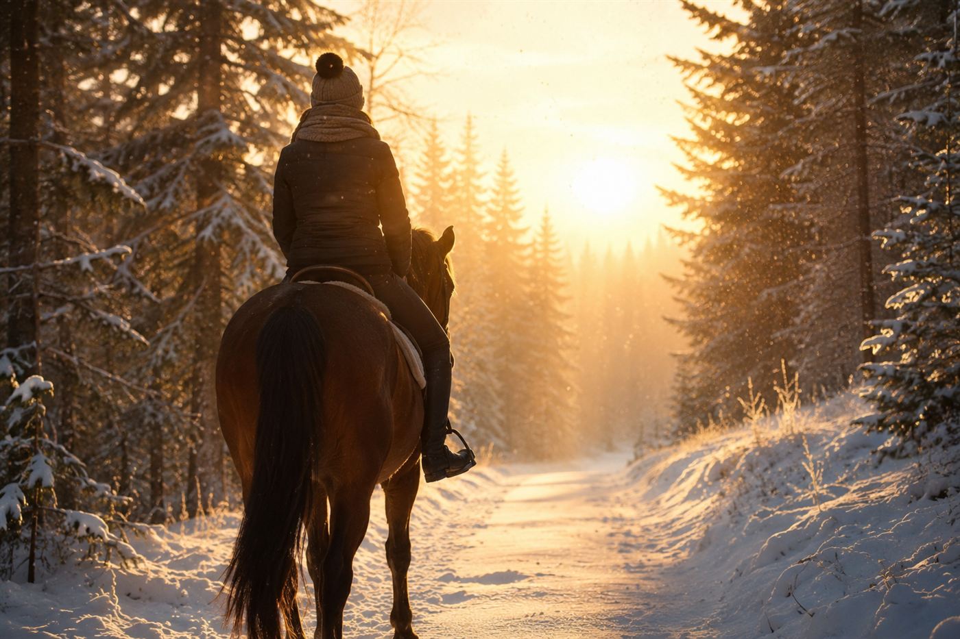 Cavalière de dos sur un cheval bai, sur un chemin enneigé au lever du soleil